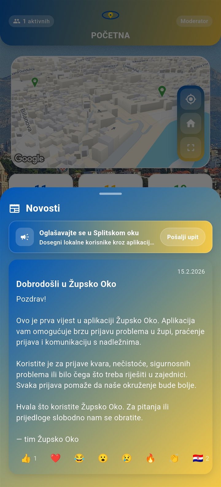 Novosti u aplikaciji s gradskim objavama, člancima i oglašavanjem